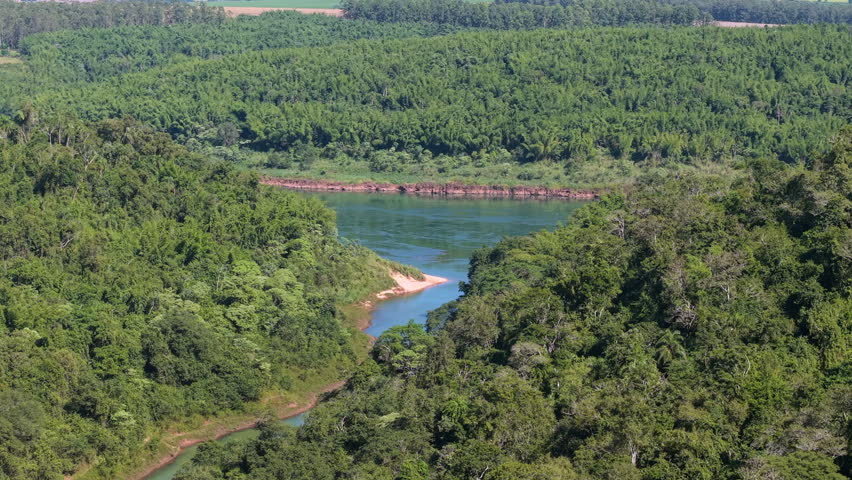 Green river bend twisting through dense, rainforest jungle along the Argentina-Paraguay border. Left tracking natural landscape aerial on bright day.