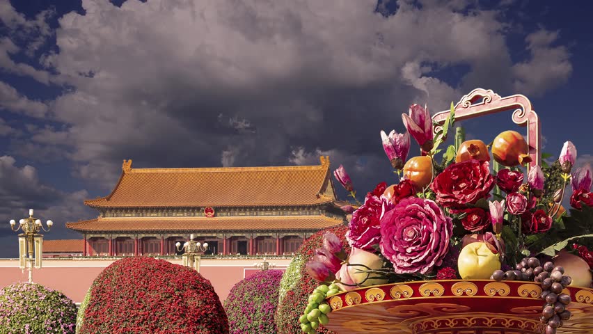 Huge flower basket (against the background of a beautiful sky with clouds) in Tiananmen square, Beijing, China. 4K, time lapse 