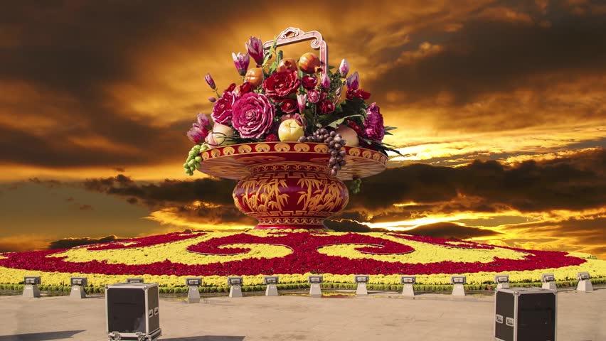 Huge flower basket (against the sunset) in Tiananmen square, Beijing, China. 4K, time lapse 