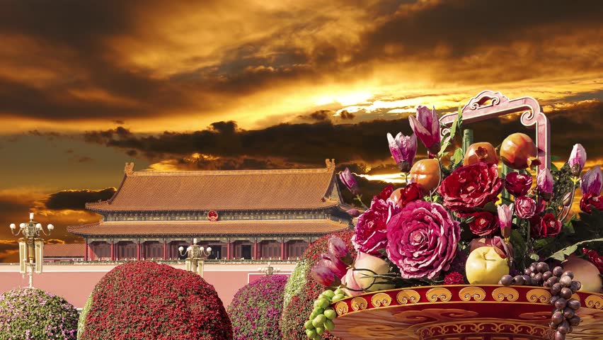Huge flower basket (against the sunset) in Tiananmen square, Beijing, China. 4K, time lapse 