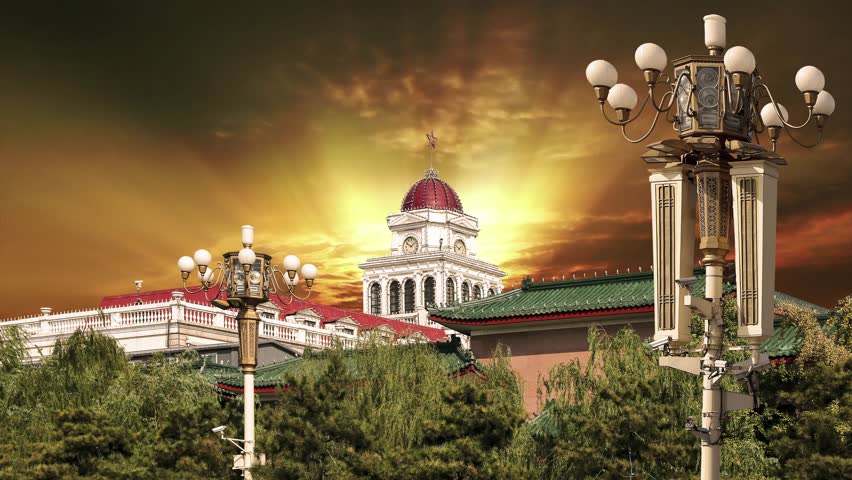 Historic building and street lamp in the center of Beijing (against the sunset) near the Tiananmen Square, China. 4K, time lapse