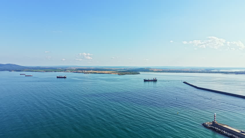 Several large ships are anchored in calm water with a distant view of land. The sky is clear and the sun is shining, showing a bright daytime scene at the bay.