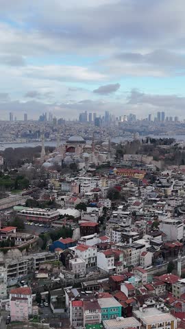 Stunning aerial vertical view of Istanbul, Turkey highlighting cultural heritage, historic districts, and panoramic cityscape.