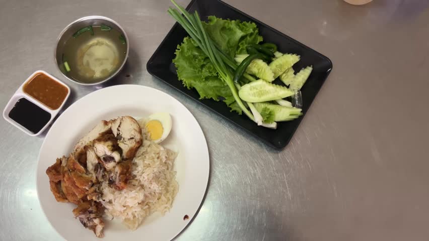Fried chicken rice with sauce and side dish