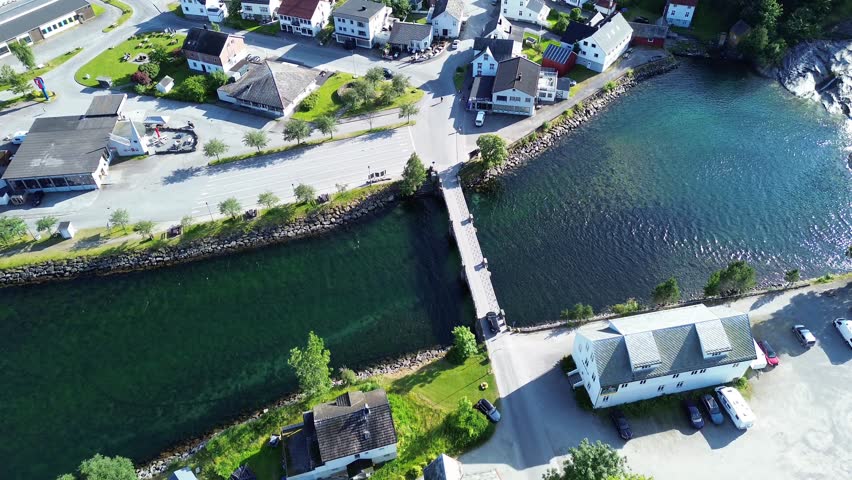 Drone Following Car Across Bridge in Hellesylt, Norway