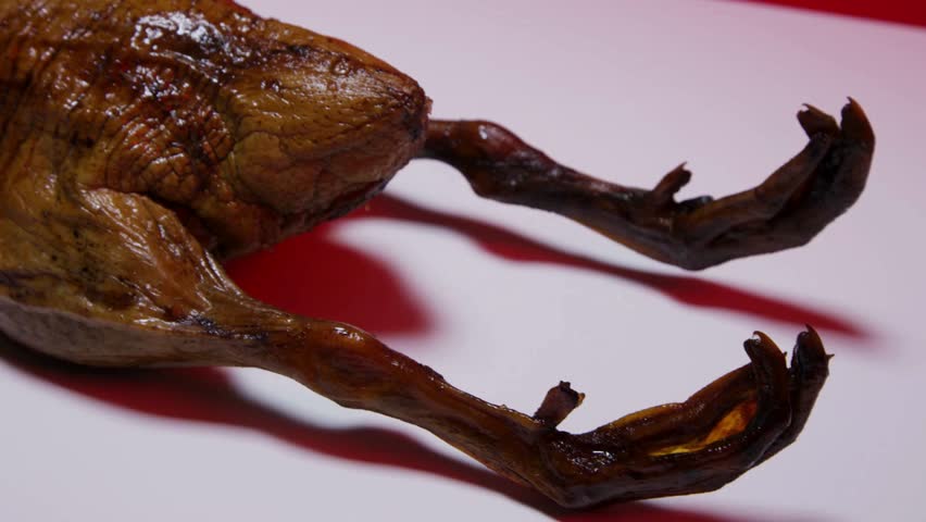 Close up panning view of roasted duck legs and body showing golden brown skin texture delicious meat ready to eat concept