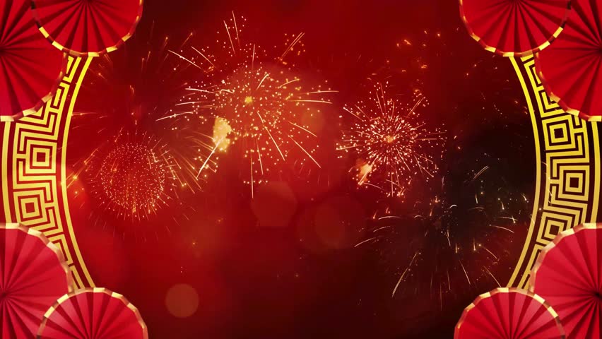 Vibrant Fireworks Display Surrounded by Traditional Chinese New Year Decorations