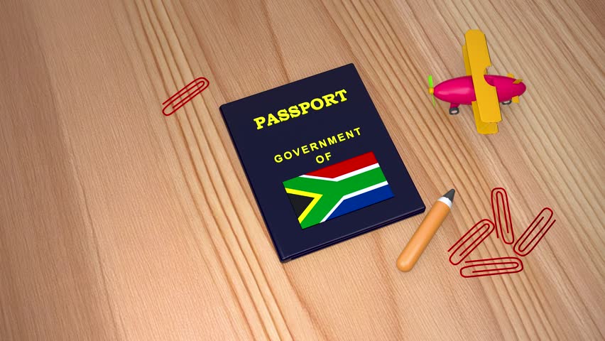 South Africa Approved visa passport document on wooden desk, travel permit with green stamp, international vacation documentation with toy airplane and stationery