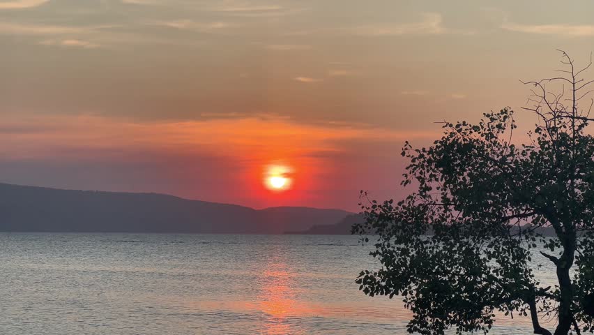 Beautiful tropical sunset reflecting on calm ocean waters, framed by mangrove trees and distant mountains, capturing the tranquil beauty of Indonesia