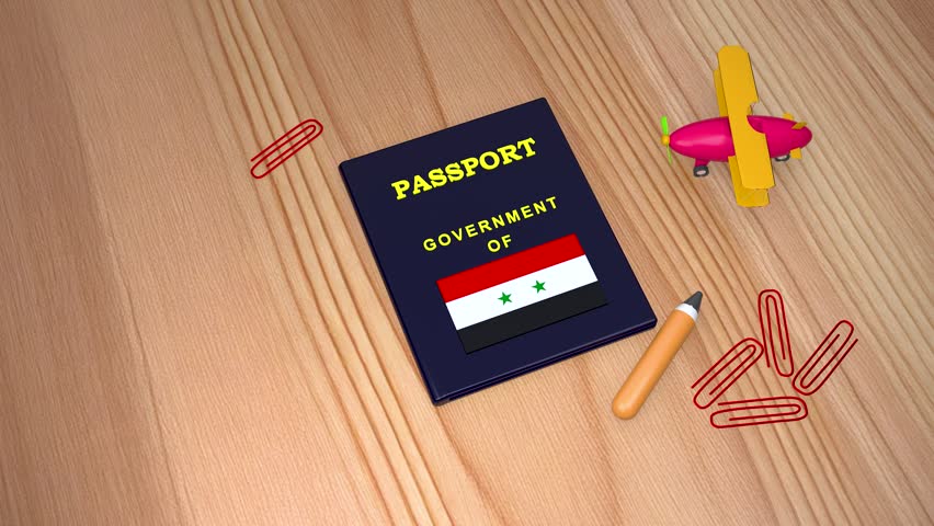 Syria Approved visa passport document on wooden desk, travel permit with green stamp, international vacation documentation with toy airplane and stationery
