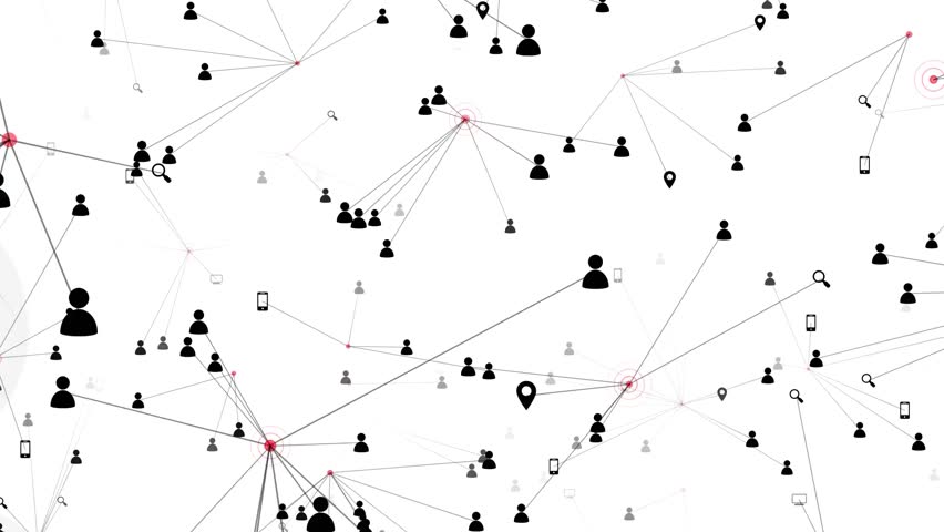Animation of people connected through internet social media network icons, representing digital communication, online communities, and global connections.