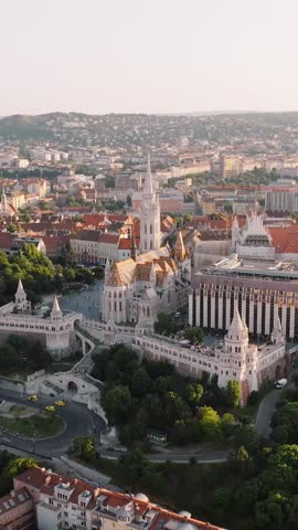 Fisherman Bastion and Matthias Church aerial view in Budapest vertical video Buda castle district Hungary landmark gothic architecture travel background