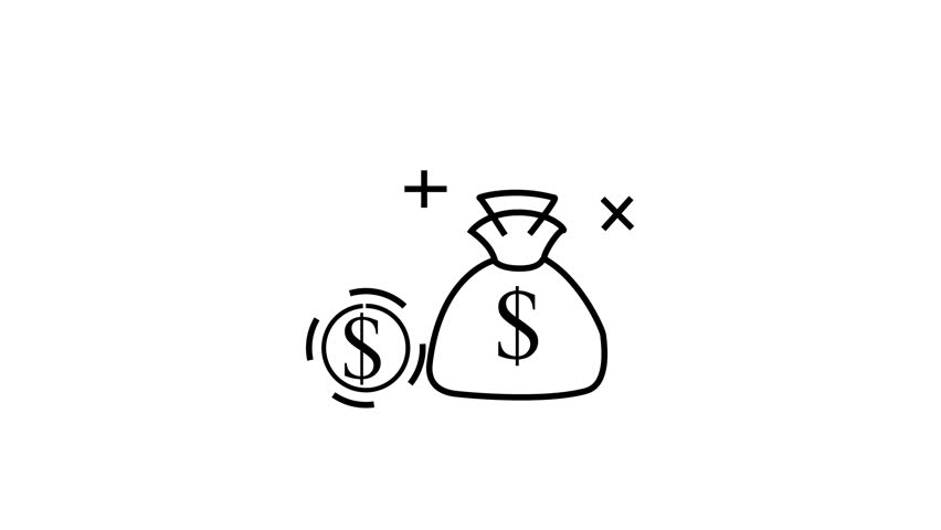 An animated black line art icon featuring a money bag and a dollar coin on an isolated white background. Ideal for financial applications, business presentations, banking loops, budget concepts, e-commerce graphics, and investment visual assets.