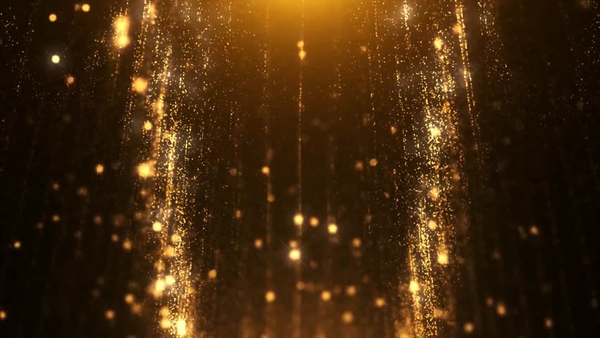Elegant vertical curtain of golden particle rain and shimmering luxury dust falling down from above.