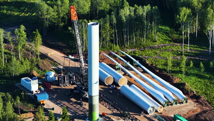 Huge crane assembling a wind turbine tower on a construction site for renewable energy generation