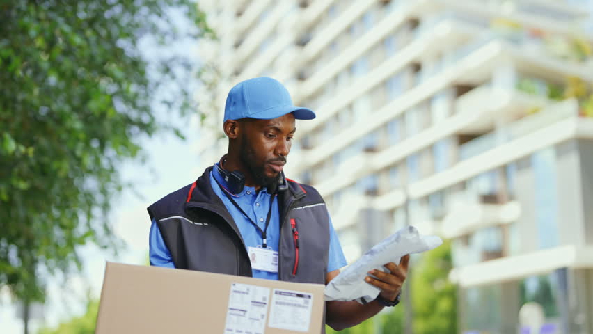 A delivery person walks in an urban area while holding multiple packages. The office buildings stand in the background as the person looks around. It is a sunny day.