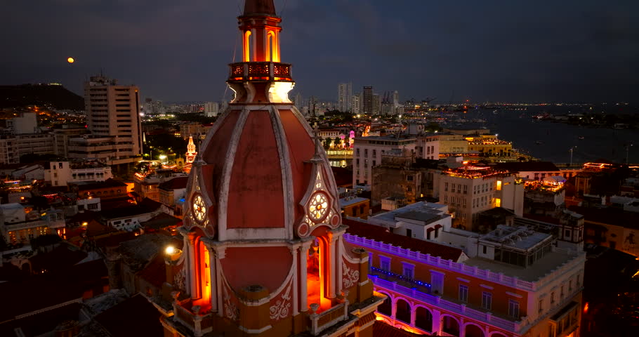 Night drone pullback from Catedral de Santa Catalina de Alejandría in Cartagena