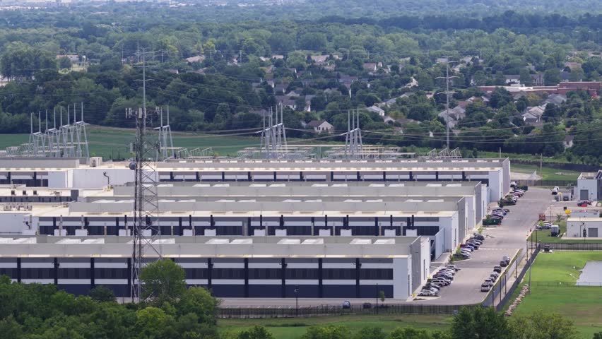 Drone shot of new big midwest American data center infrastructure and huge building complex campus near central Ohio suburban neighborhood by Columbus suburb with area of buildings holding AI storage