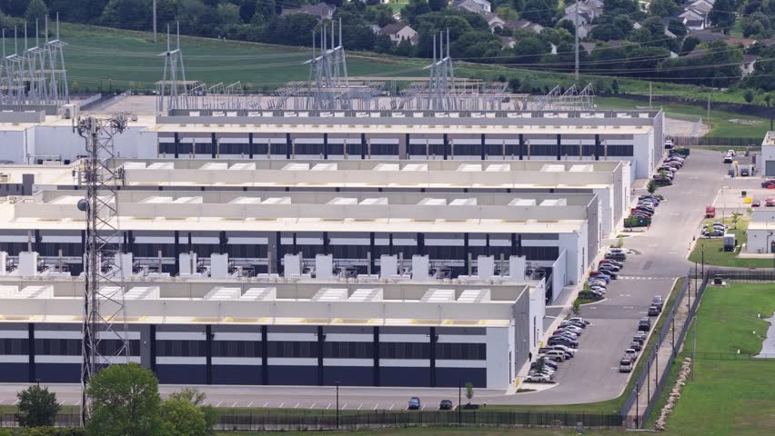 Drone shot of new big midwest American data center infrastructure and huge building complex campus near central Ohio suburban neighborhood by Columbus suburb with area of buildings holding AI storage
