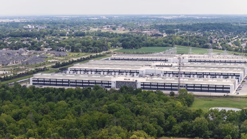 Drone shot of new big midwest American data center infrastructure and huge building complex campus near central Ohio suburban neighborhood by Columbus suburb with area of buildings holding AI storage