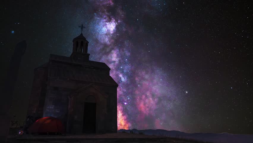 Night landscape, old  Armenian church on the bright Milky Way background.