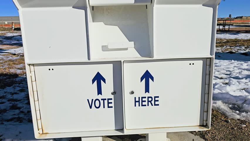 Secure election ballot box with Vote Here arrows, mail-in voting slots, surveillance warning, and Voting Closed sign standing outdoors beside snow-covered ground in bright winter daylight.