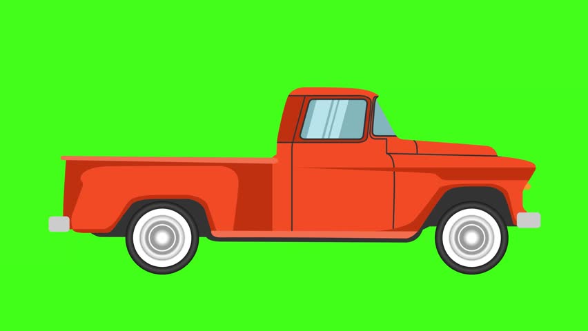 Red Pickup classic retro truck cartoon flat style side view on green screen background