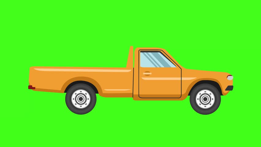 Yellow Pickup classic truck cartoon flat style side view on green screen background 