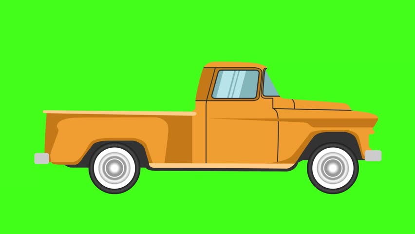 yellow Pickup classic retro truck cartoon flat style side view on green screen background 
