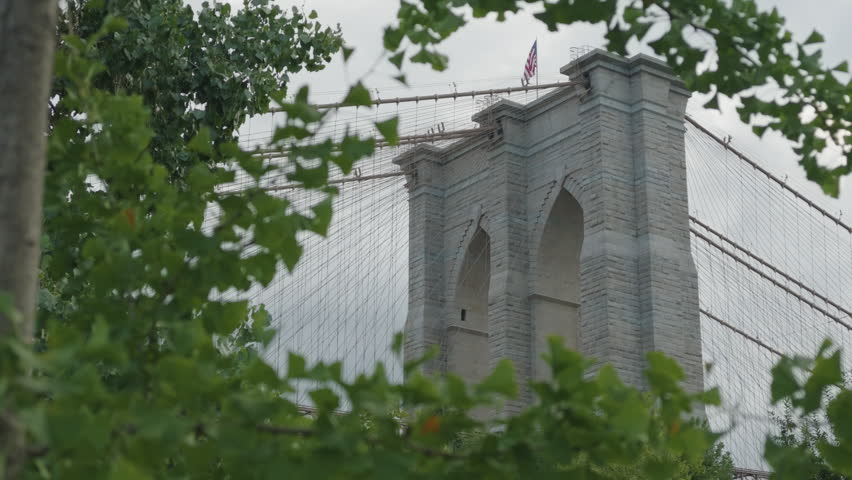 wider low angle view of Brooklyn Bridge tower framed by fluttering leaves