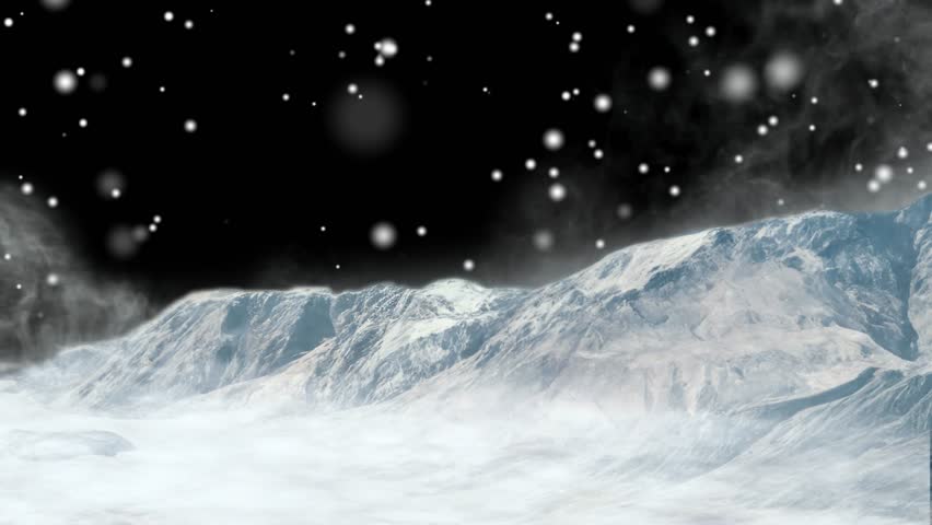 This video shows a panoramic view of snow falling over rugged high mountain peaks emerging above a dense layer of low clouds