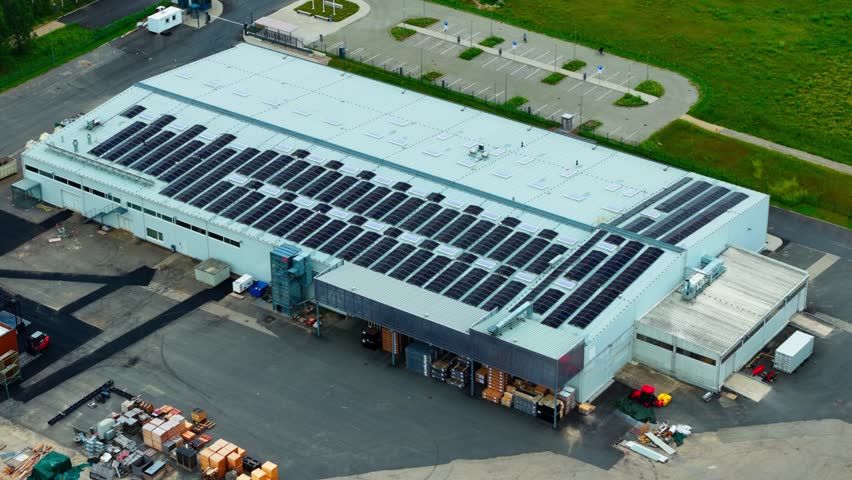 High angle footage of modern birch plywood manufacturing and logistics complex