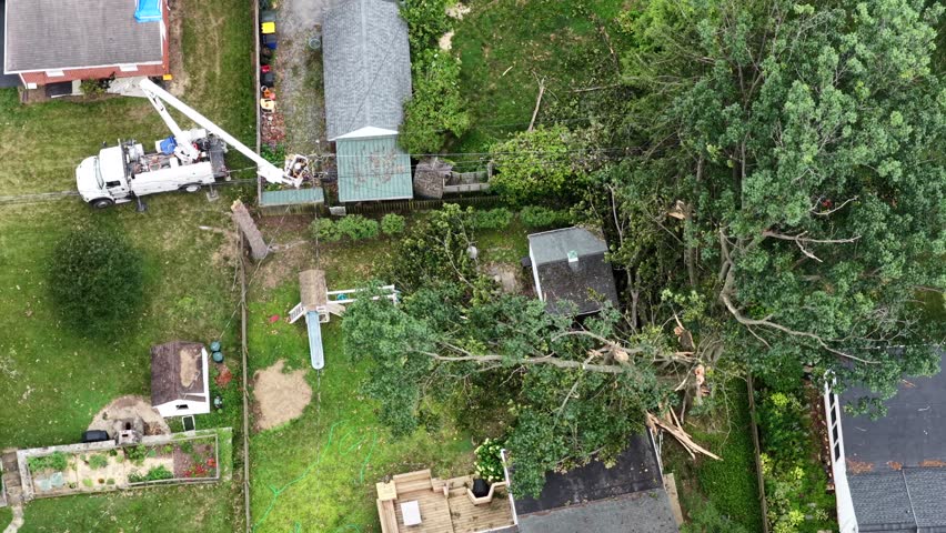 Bucket truck crane removes fallen tree limbs from debris covered yard in Manheim Township, Pennsylvania, swimming pool and garden beds sit beside storm damaged shed roof. Aerial drone top down shot
