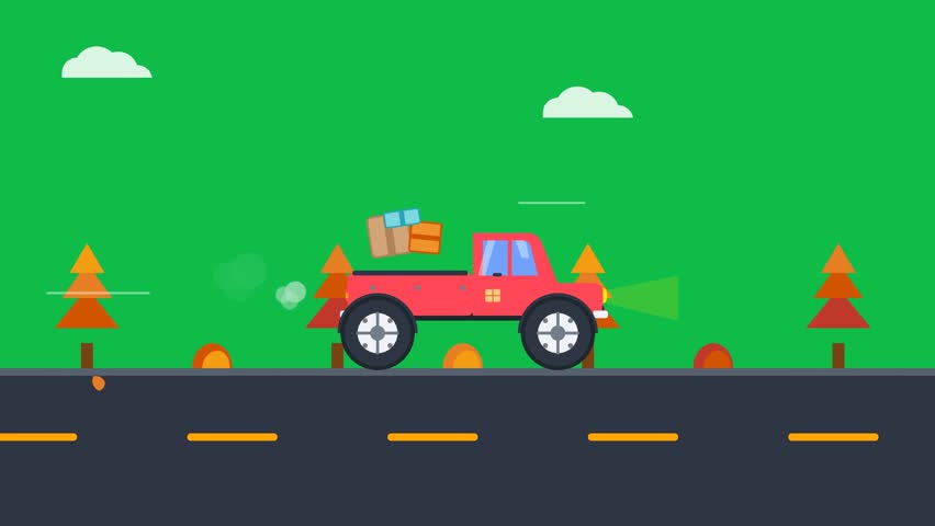 Red pickup truck carrying boxes driving on a road in cartoon style