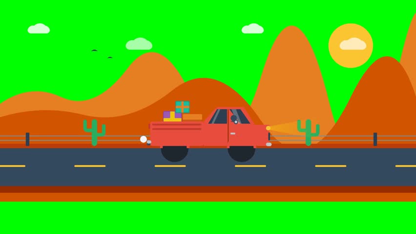 Red pickup truck carrying colorful gifts driving through desert landscape
