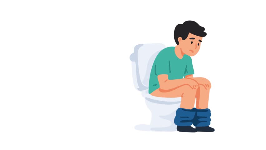 animation of man sitting on toilet with constipation
