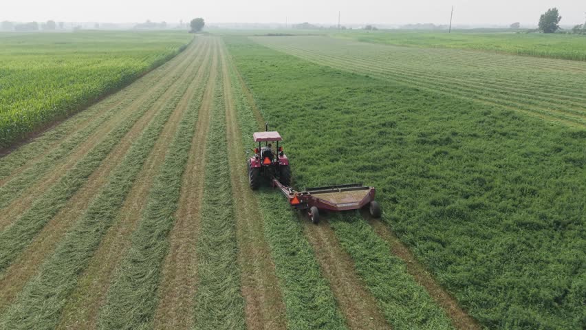 Using a pull-type rotary disc, a farmer cuts a field of hay in NE Wisconsin.