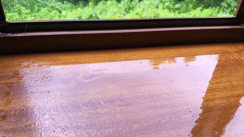 Old black locust trees and other trees and bushes in a park during a rainfall at summer day, view through an open window while vertical panning with wet windowsill on a foreground
