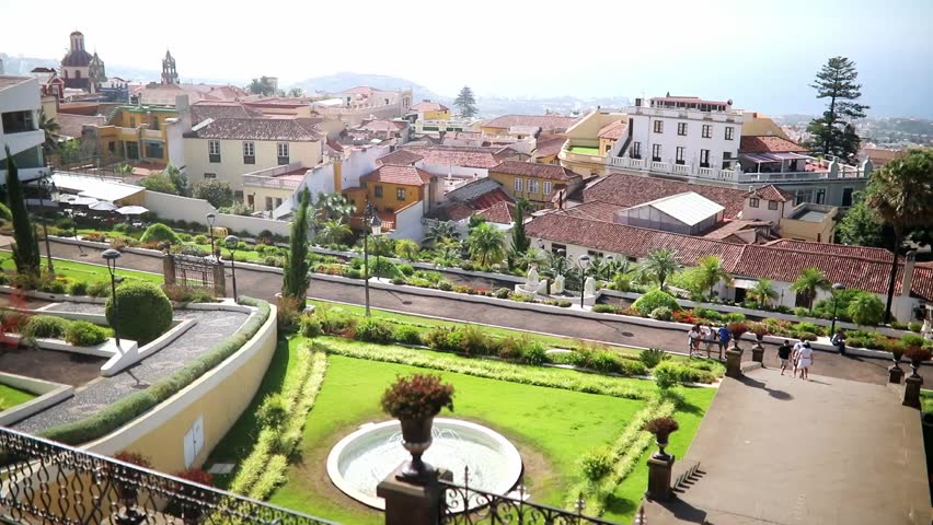 Panoramic view of historic rooftops and church towers in La Orotava, Tenerife, Canary Islands, Spain
