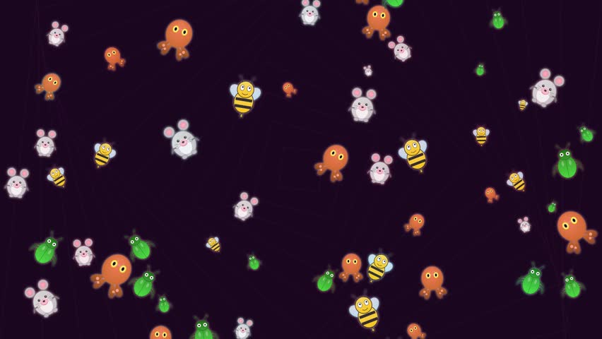 A playful geometric animation features colorful bees, mice, and beetles spinning in a rhythmic circular motion against a deep purple backdrop with subtle line art.
