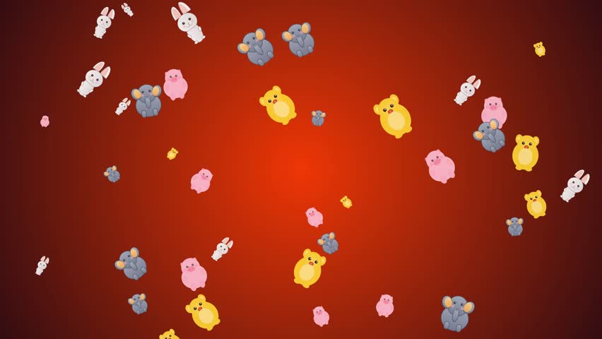 Flat vector animation of colorful stylized bunnies elephants and pigs descending against a smooth deep crimson backdrop.