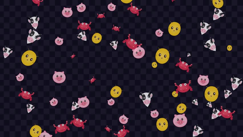 Animated pattern featuring colorful whimsical pig cow crab and chick characters drifting across a dark geometric grid backdrop with a playful motion graphic aesthetic.