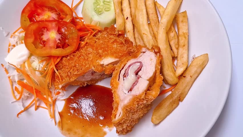 Crispy Chicken Cordon Bleu with French Fries and Fresh Salad on White Plate