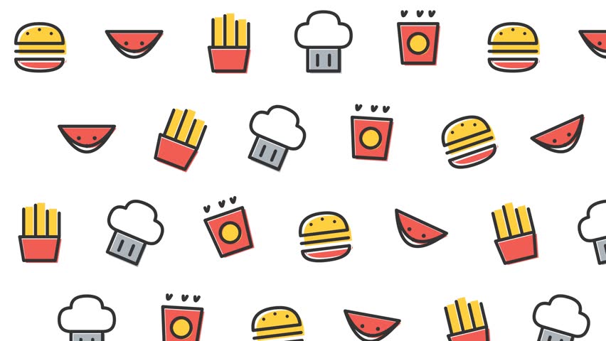 A vibrant and playful seamless pattern featuring a variety of fast food icons like burgers, fries, and cupcakes, interspersed with refreshing watermelon slices. Perfect for backgrounds and designs.