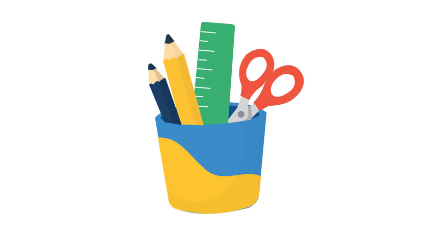 3D Animated Pencil Stand Holder with School Supplies Ruler Scissors and Paintbrush Isolated on White Background