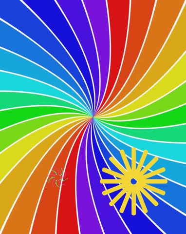 Colorful Happy Birthday greeting with rainbow rays and sparkles. Vibrant animation featuring Happy Birthday text over a rotating rainbow sunburst background with shimmering stars and festive fireworks bursts for a joyful celebration.