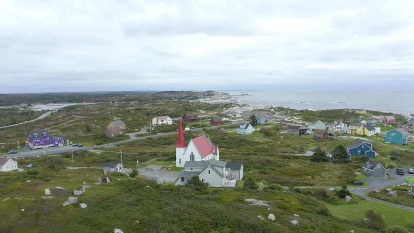 Aerial View of Peggy’s Cove Village and Atlantic Coastline Nova Scotia