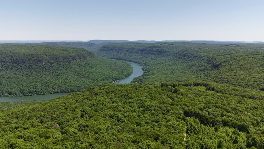 Aerial drone footage from Snoopers Rock overlook showing the Tennessee River winding through the gorge