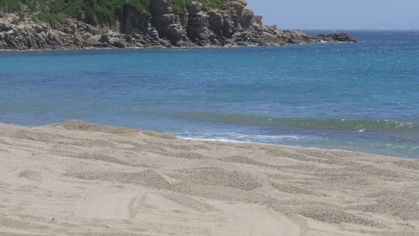 Paradise Beach On Mykonos Island, Greece, With Sandy Shoreline During Summer. Wide Shot