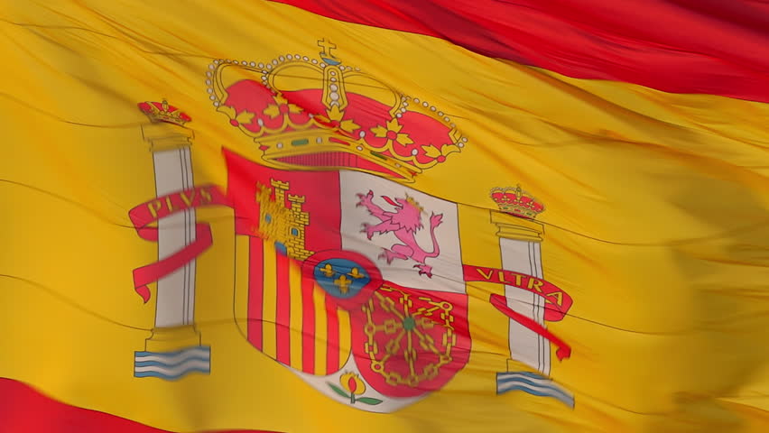 Close-up of the Spanish flag with its coat of arms waving in the breeze. National symbol of Spain representing patriotism and pride